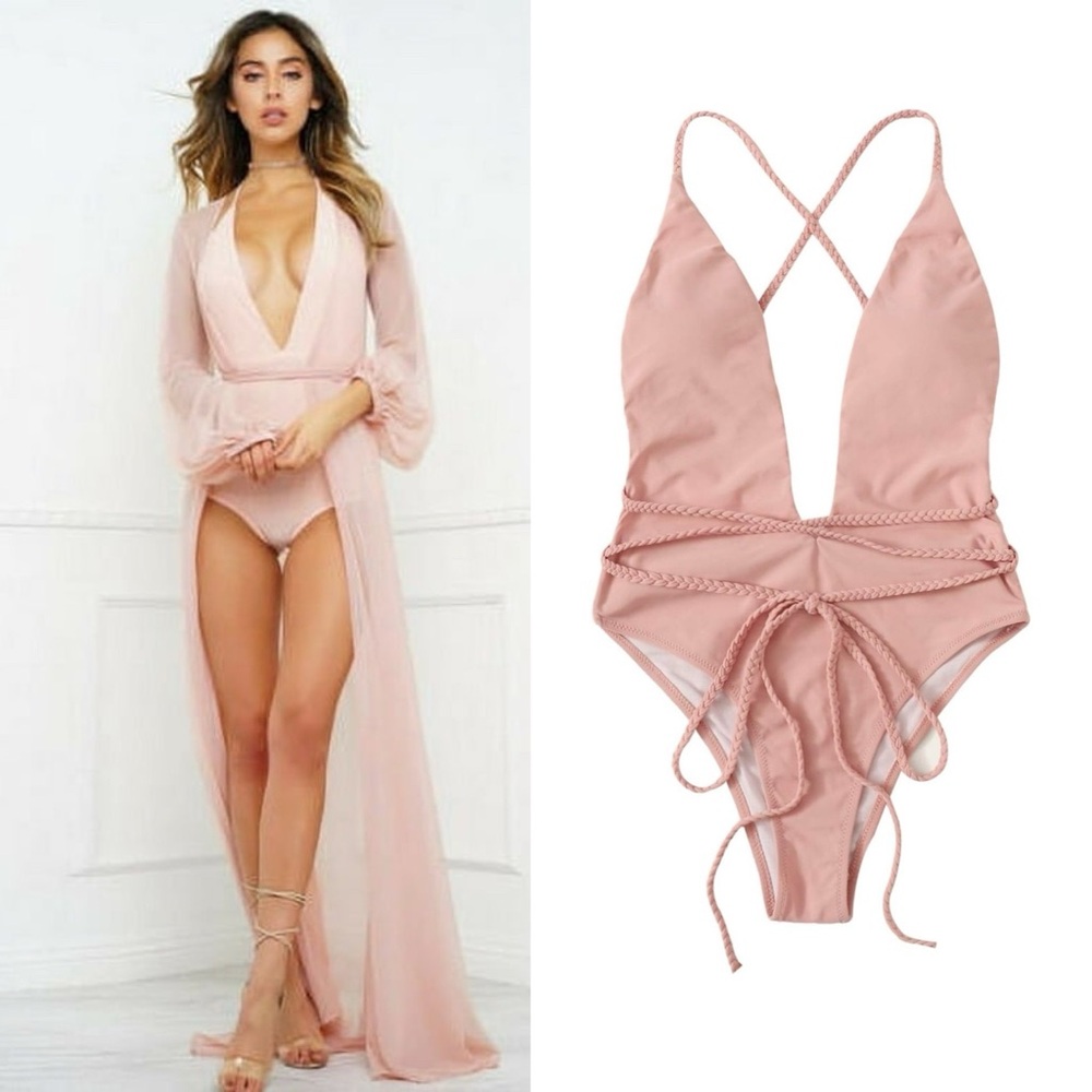 Plunging pink braided tie one piece swimsuit